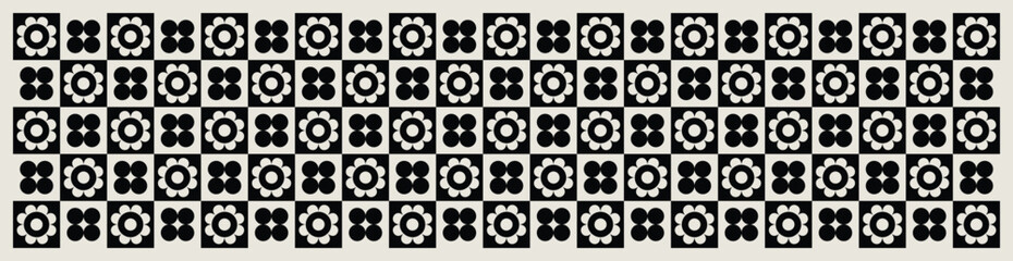 Mid century modern floral geometric pattern in black and white. Graphical illustration for a unique banners, textiles and home décor.	
