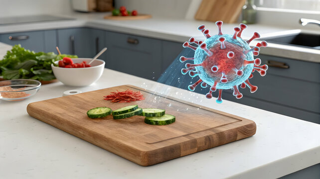 Food Safety Concept with Virus Graphics in Modern Kitchen Setting