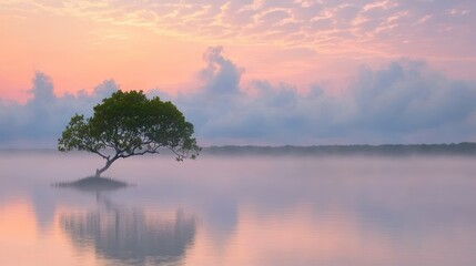 Misty sunrise, lone tree