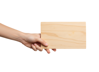 Hand holding blank wooden sign isolated on transparent background