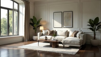 Fototapeta premium Serene Living Room with Modern Sectional Sofa, Neutral Decor, and Natural Light Streaming Through Large Windows