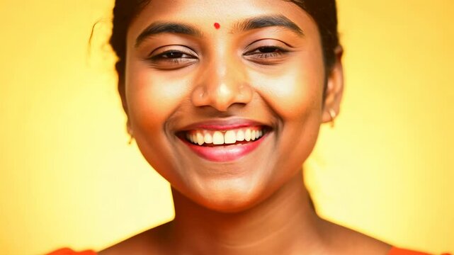 Close-up view of a smiling Indian woman on a yellow background. The bright yellow background complements her cheerful demeanor, making the scene feel joyous.
