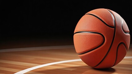Fototapeta premium Close-up of orange basketball on wooden floor: Sports training, event promotion, indoor court stock photo with detailed texture, vibrant colors for sports advertising and design