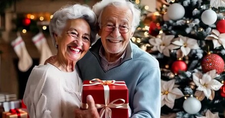 Heartwarming holiday moment as elderly couple shares a loving embrace by the Christmas tree, holding a festive gift - Powered by Adobe