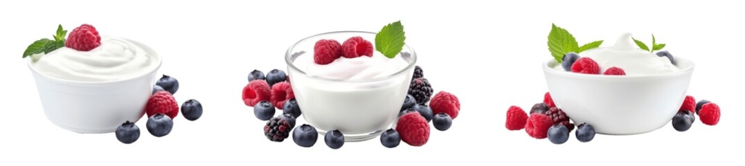 A trio of yogurt bowls topped with berries, surrounded by fresh raspberries and blueberries, highlighting a healthy snack option.
