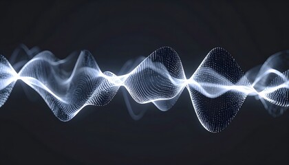 Abstract white particles flowing on dark background creating digital wave