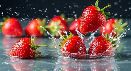 Fresh Strawberry Splashing into Clear Water with Droplets