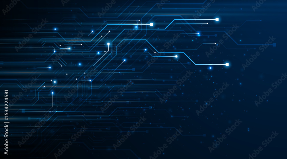 Poster Blue glowing lines with glitter light effect on dark background. High speed internet technology concept or fast wireless data transmission. modern internet network connection technology background	