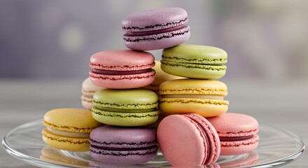 Vertical macaron stack reveals delicate textures, vibrant flavors, and pastel background with soft side lighting.