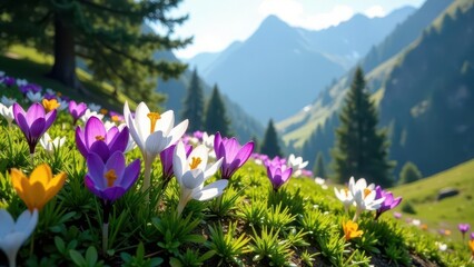 Obraz premium Vibrant Spring Crocuses Blooming in a Mountain Meadow Under a Sunny Sky