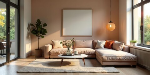 Relaxing Living Room Interior Design with Modern Sectional Sofa and Large Framed Artwork