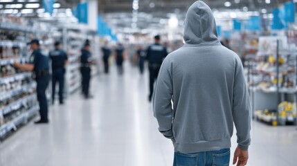 A hooded man walks away from blurred law enforcement in a retail setting, after an incident or investigation.