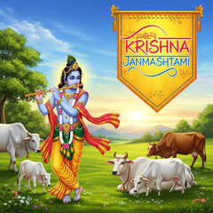 Fototapeta premium Krishna Janmashtami: Lord Krishna with Cows