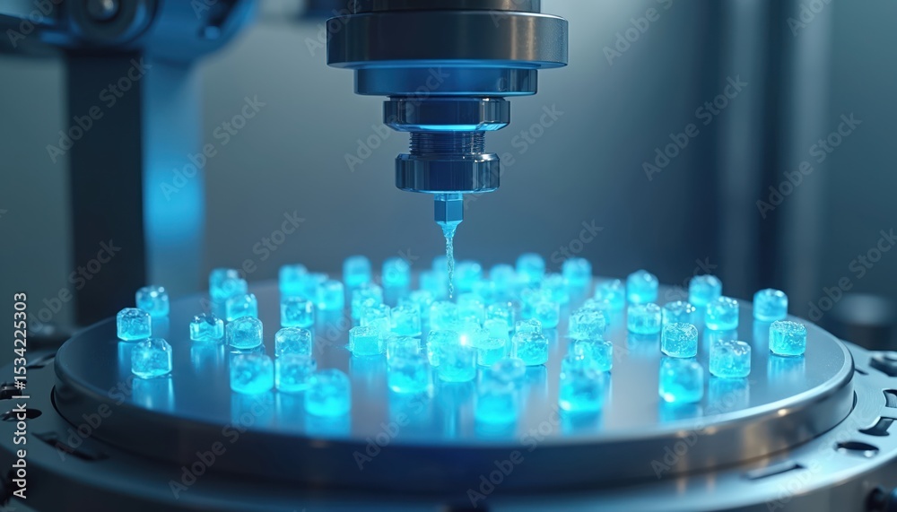 Poster illustration of advanced microtechnology manufacturing process. robotic arm precise work. blue glowi