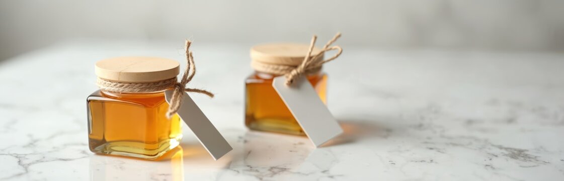 Honey jars wedding favors with blank tags on marble background. Rustic jars with organic honey decorated with twine, wooden lids. Wedding table decor. Honey jars party gifts. Stylish romantic design,