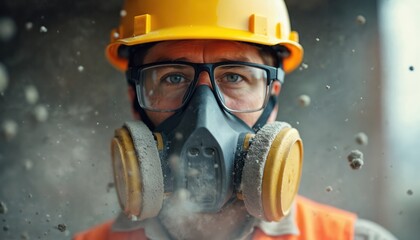 Construction worker wears dust mask in construction site with floating particles. Emphasizes safety precautions, hazardous work environment, risk reduction, protection. Focus on worker eyes through