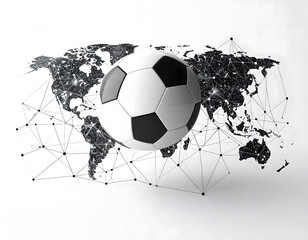 Soccer ball floating over world map connecting global lines