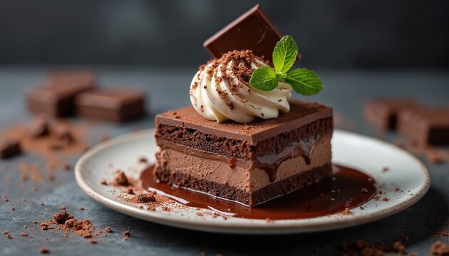 Chocolate dessert slice with creamy cake, ice cream, chocolate sauce. Mint leaf garnish. Sweet treat on white plate. Delicious pastry. Restaurant menu, cafe, bakery.