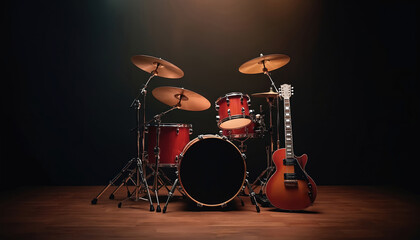 Musical drum kit with guitar on stage against dark background. Red drums with cymbals and a guitar stand on wooden floor. Perfect for music, band, concert, rock, jazz, metal music themes.