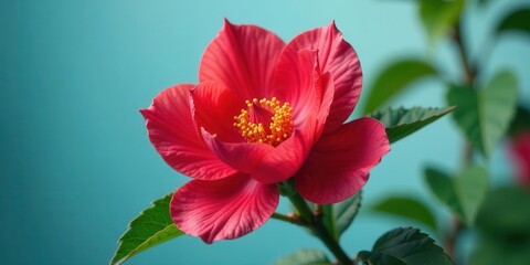 A vibrant red blossom, delicate petals unfurling, showcasing its radiant beauty against a serene turquoise backdrop