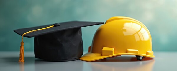 Symbolic image of black graduation cap, yellow construction helmet. Education, career, engineering concept. Dualism signifies academic achievement, pro construction job. Contrast shows intersection