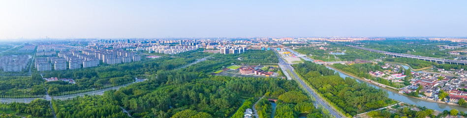 Aerial view of suburban park in Pudong New Area, Shanghai.
