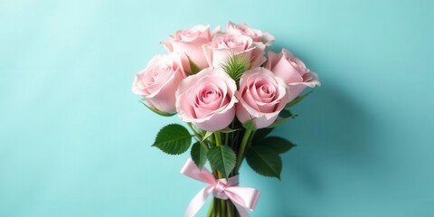 Obraz premium A delicate bouquet of pale pink roses tied with a satin ribbon against a tranquil aqua background