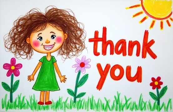 Colorful drawing smiling young girl, hand drawn lettering phrase THANK YOU. Cheerful illustration of happy smiling girl with flowers sun. Children art, kids drawings, greeting card.