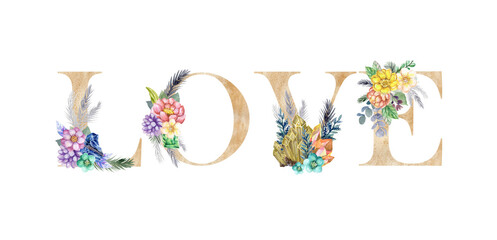 Love lettering golden color. Hand drawn Crystals in the shape