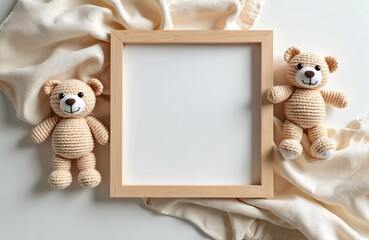 Wooden square photo frame mockup with baby room artwork. Two handmade teddy bear toys. Soft fabric background with copy space for baby images nursery decor. Childhood concept. Top view.