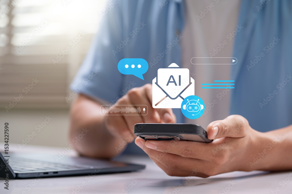 Aufkleber AI chatbot email assistant on smartphone used by casual user at home, managing inbox, voice input, and smart communication via mobile app technology to improve personal productivity and convenience