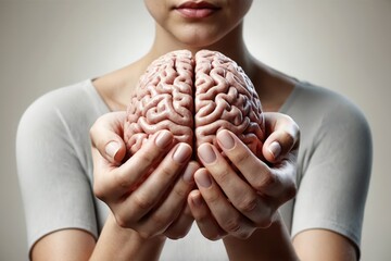 woman hands holding a human brain