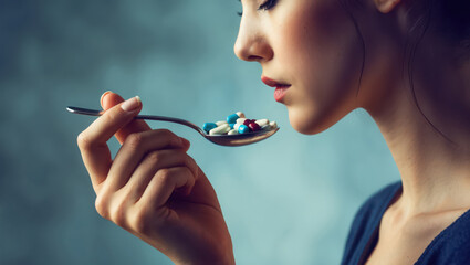 woman with a spoon full of medicine pills, abuse of drugs and addiction concept