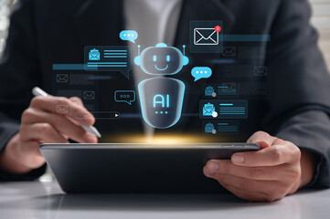 AI chatbot managing business email communication on digital tablet, used by professional for smart...