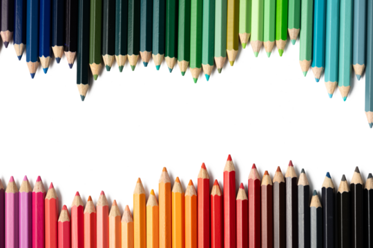 The Photograph of colored pencils arranged alternately on a white background.