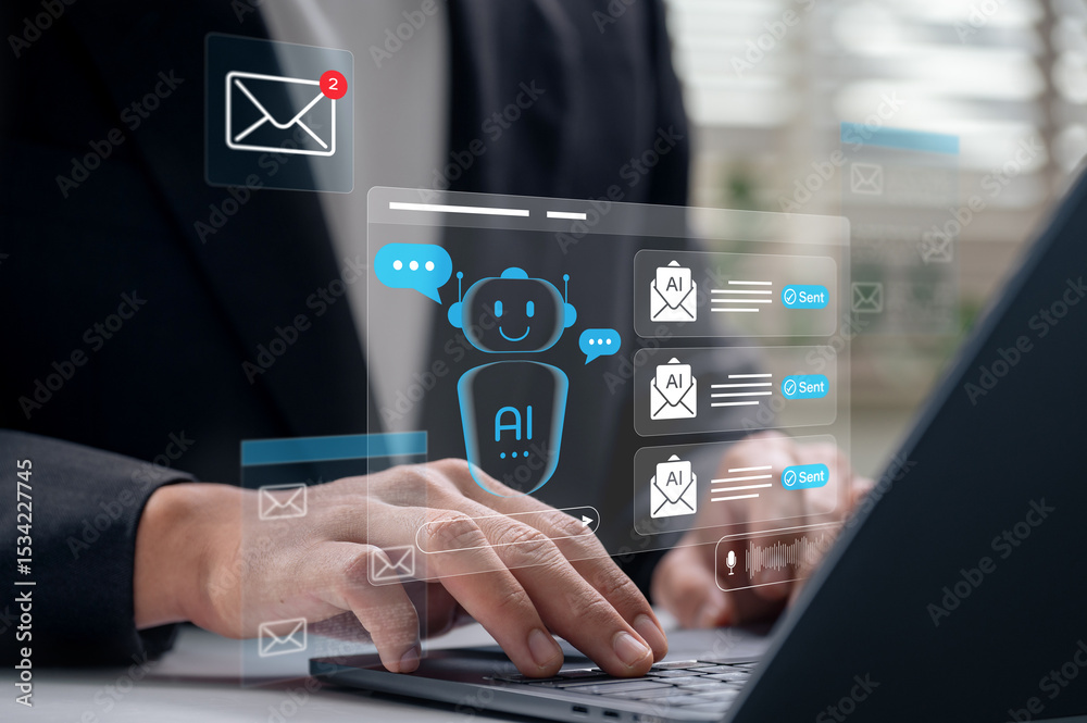 Aufkleber AI chatbot interface managing emails on laptop used by professional in business office, automating inbox communication, enhancing productivity and streamlining workflow with smart assistant technology