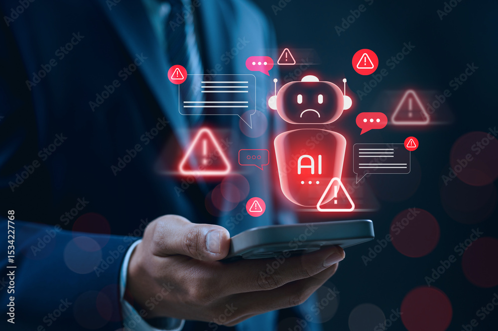 Aufkleber AI chatbot system alert in digital communication environment showing error, warning, and cybersecurity risk icons, highlighting potential data breach and smart automation failure in modern networks