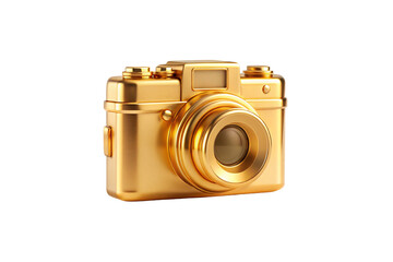 Golden vintage camera with detailed buttons and lens, professional photography equipment rendered in metallic finish, isolated on a transparent background