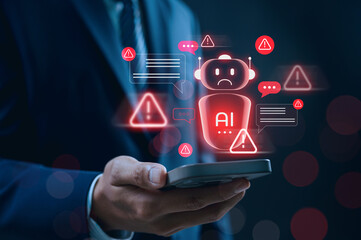 AI chatbot system alert in digital communication environment showing error, warning, and cybersecurity risk icons, highlighting potential data breach and smart automation failure in modern networks