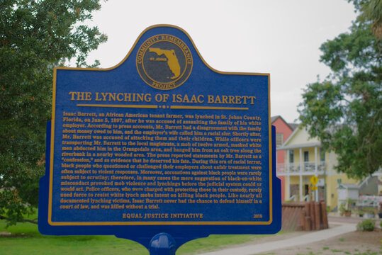 Historical Marker for lynching of Isaac Barrett in St. Johns County, Florida. St. Augustine, Florida, Editorial Use Only,  June 6, 2025. Commemorative highlighting historical injustices and remembranc