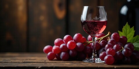 A glass of ruby red wine rests beside a cluster of ripe red grapes on a rustic wooden surface.