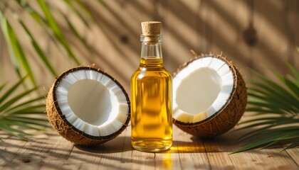 Golden Coconut Oil in Glass Bottle Between Fresh Coconut Halves – Tropical Beauty and Natural Wellness Captured with Palm Shadows on Rustic Wooden Surface