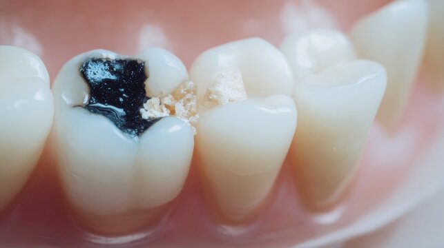 Close-up of a child's decayed baby tooth with caries, black plaque, missing enamel, and loose filling, showing dental damage, poor oral hygiene, and early tooth loss in young children