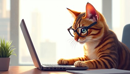 Intelligent tabby cat wearing glasses typing laptop at office desk. Feline researcher working with computer in bright office, tech, education, science, business concept.