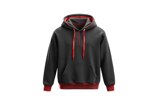 Dark gray pullover hoodie featuring red interior lining and matching drawstring cords for comfortable wear, isolated on a transparent background