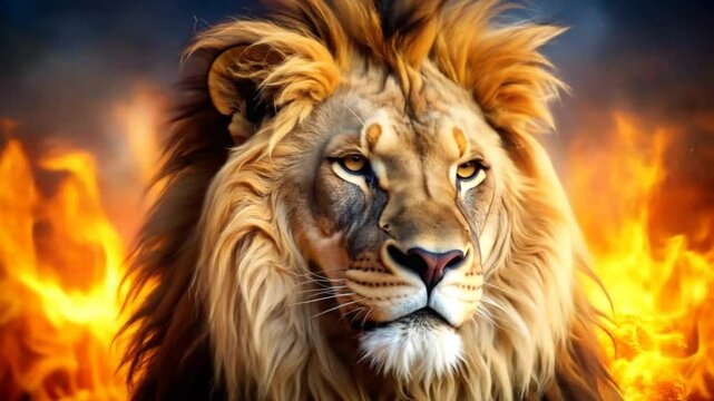 A male lion king made of fire 