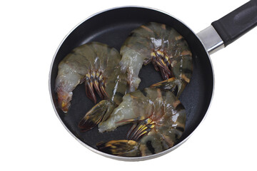 Fresh Black Tiger Shrimp without Heads in Black Pan on White Background – Clipping Path Included
