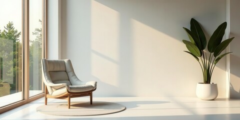 Fototapeta premium Serene Minimalist Room Decor Upholstered Lounge Chair, Potted Plant, and Sunlight Streaming Through Large Window