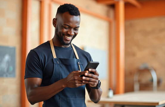 Young African carpenter smiles using phone. Black male craftsman in workshop holds smartphone, communicates online. Happy man with mobile device, modern communication, digital tech, social media.