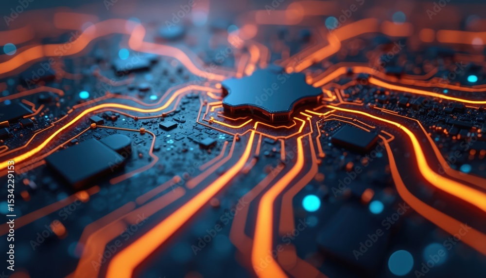 Poster Futuristic digital circuitry with illuminated lines. Advanced tech concept, modern design. Abstract tech background with glowing neon lines. Perfect for tech, science, data visualization, internet,